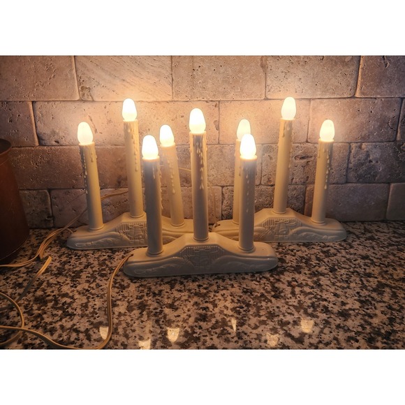 3 Vintage Christmas Window 5 Candle Lights Candelabra Candolier Plastic Decor - Picture 1 of 5